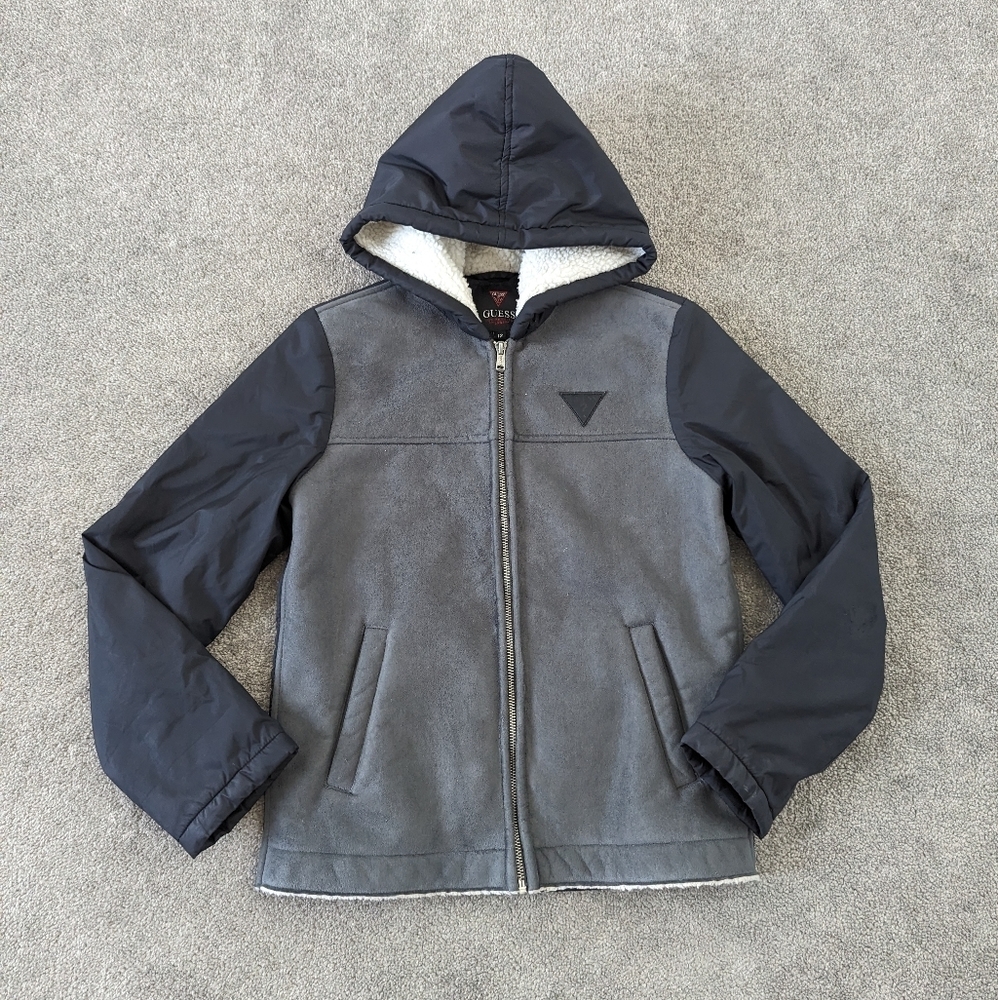 Guess Sherpa Jacket Boy's Size 12 Black Gray Color Block Suede